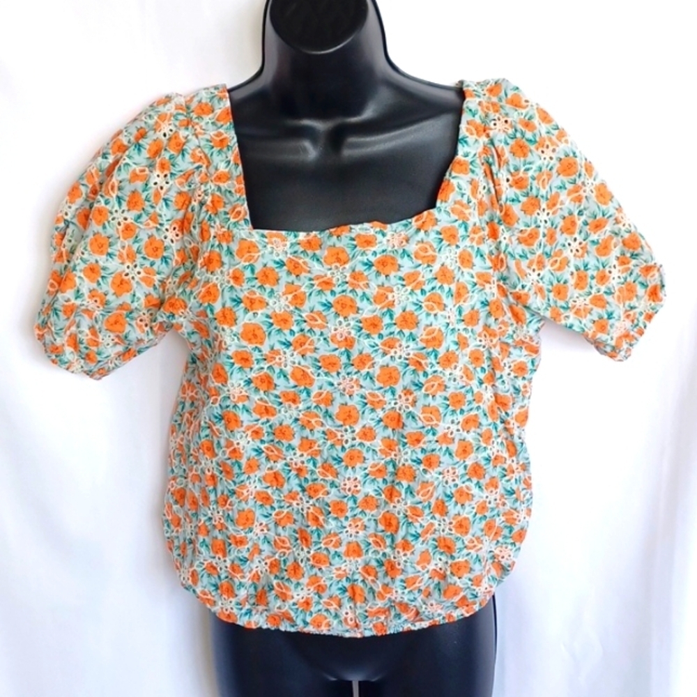 Solitaire Floral Boho Blouse M, Puff Sleeve, Elastic Waist, Embrodered, Eyelet